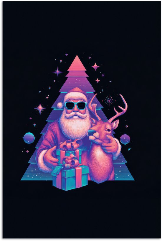 Poster 80x120 cm - Retro - Kerstman - Rendieren - Kerstboom - Posters - Kamer decoratie - Wanddecoratie woonkamer - Muurdecoratie slaapkamer - Kerstversiering - Kerstdecoratie voor binnen - Kerstmis