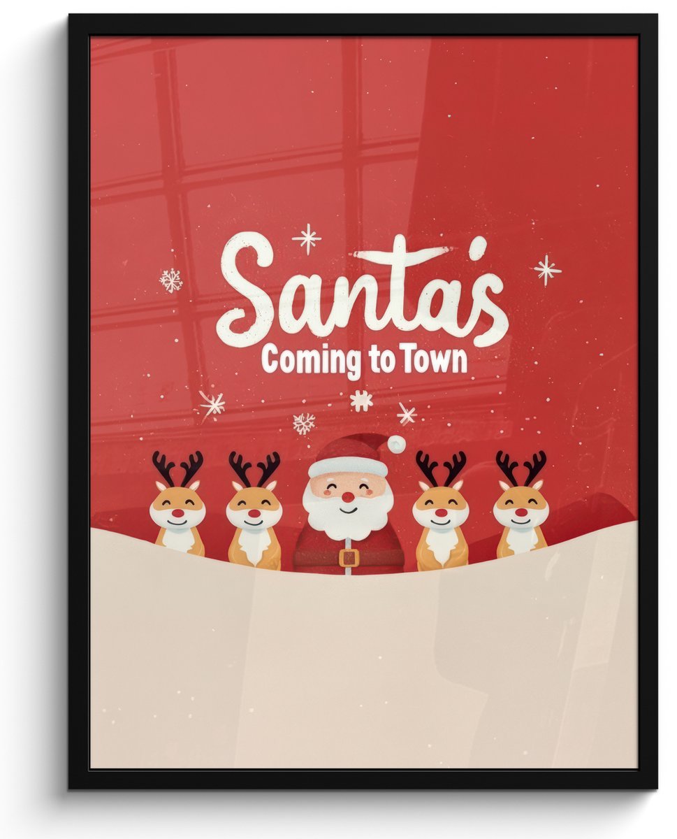 FrameYourWall Poster in lijst - Fotolijst 60x80 cm - Posters - Illustratie - Kerstman - Rendieren - Rood - Posterlijst zwart - Decoratie - Wanddecoratie woonkamer - Muurdecoratie slaapkamer - Kerstversiering - Kerstdecoratie voor binnen - Kerstmis