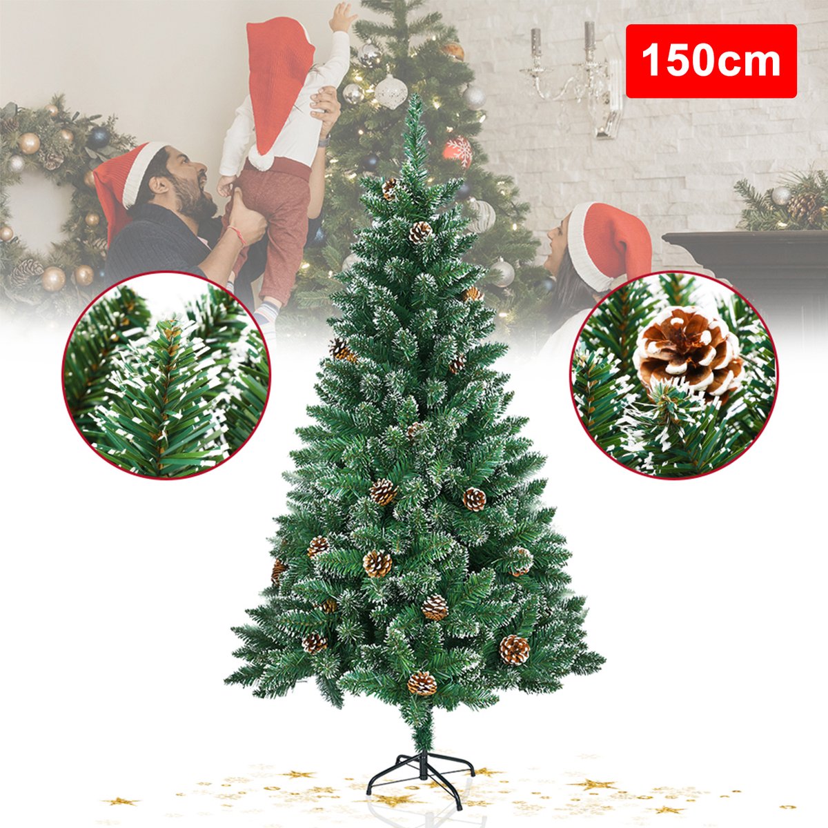 150 cm Groene Kunstmatige kerstboom - Sparvorm - PVC kerstboom - Met standaard - met sneeuweffect & dennenappels - Sectie-assemblage - Kerstdecoratie