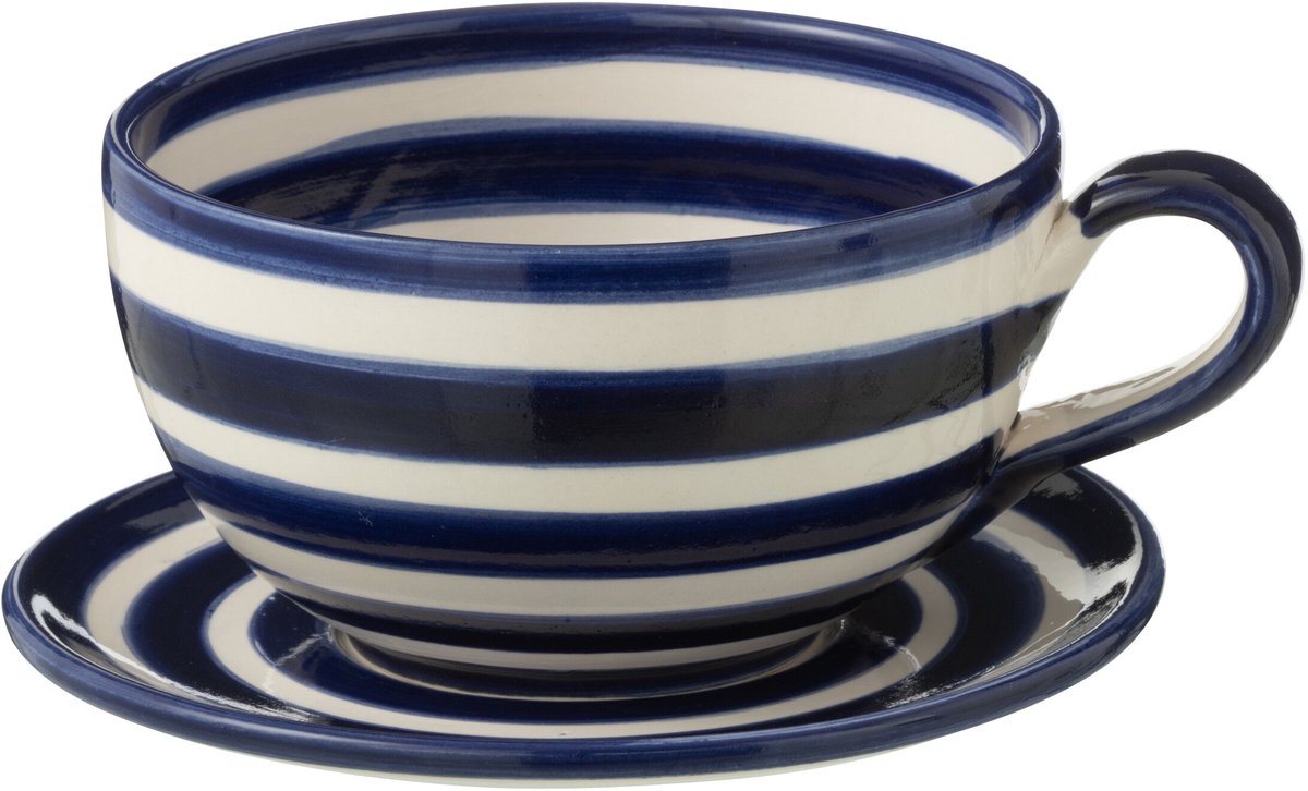 J-Line kopje + schoteltje Granada Stripes - keramiek - wit/blauw