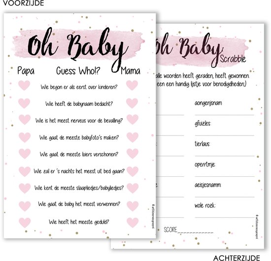 BSG410 Pink - 20 pièces - Jeux bébé baby shower et Gender Reveal - cadeau de grossesse - Cartes à remplir baby shower - Oh Bébé - Décoration baby shower - Jeux baby shower - Jeux révélation sexe - jeux bébé