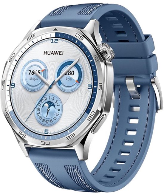 Zilverkleurige HUAWEI smartwatch met blauwe band, zilverkleurige wijzerplaat, witte accenten, weergave van 765 stappen en 280 kcal.