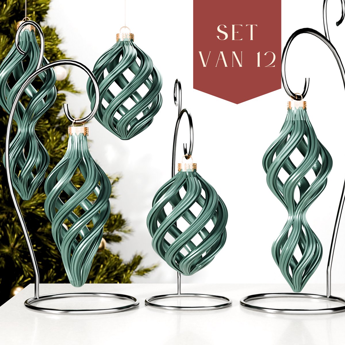 Fleuriek – Luxe Gedraaide Kerstballen – Glanzend Groen, Set van 12 – Tijdloze Kerstornamenten – Onbreekbaar & Herbruikbaar – Sfeervolle Kerstdecoratie voor Binnen & Buiten