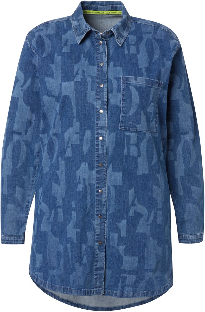 Laurasøn - Dames - Overhemdjasje lange mouw laserprint - Blauw denim - Maat 52+