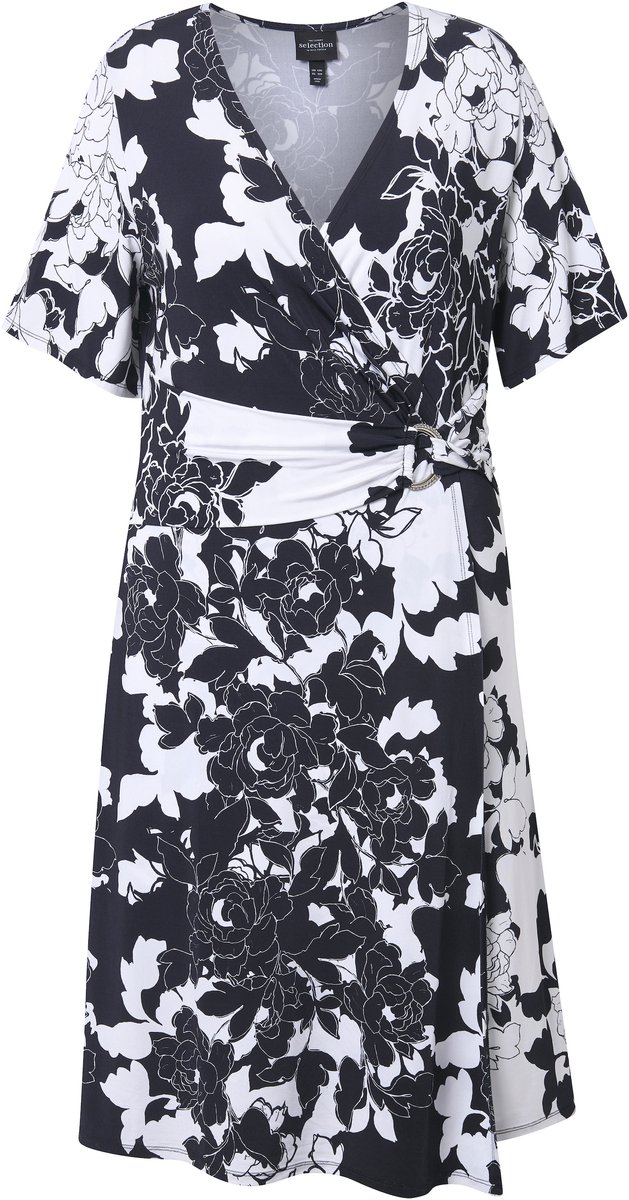 Ulla Popken - Dames - Slinky jurk bloemen gedrapeerd V-hals halve mouwen - Zwart - Maat 50+