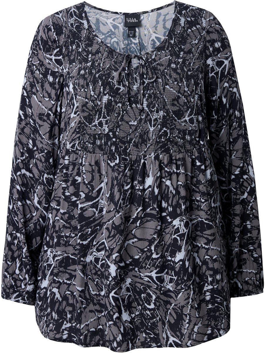 Ulla Popken - Dames - Gesmokte blouse vlinders A-lijn ronde hals lange mouwen - Grafietgrijs - Maat 46+