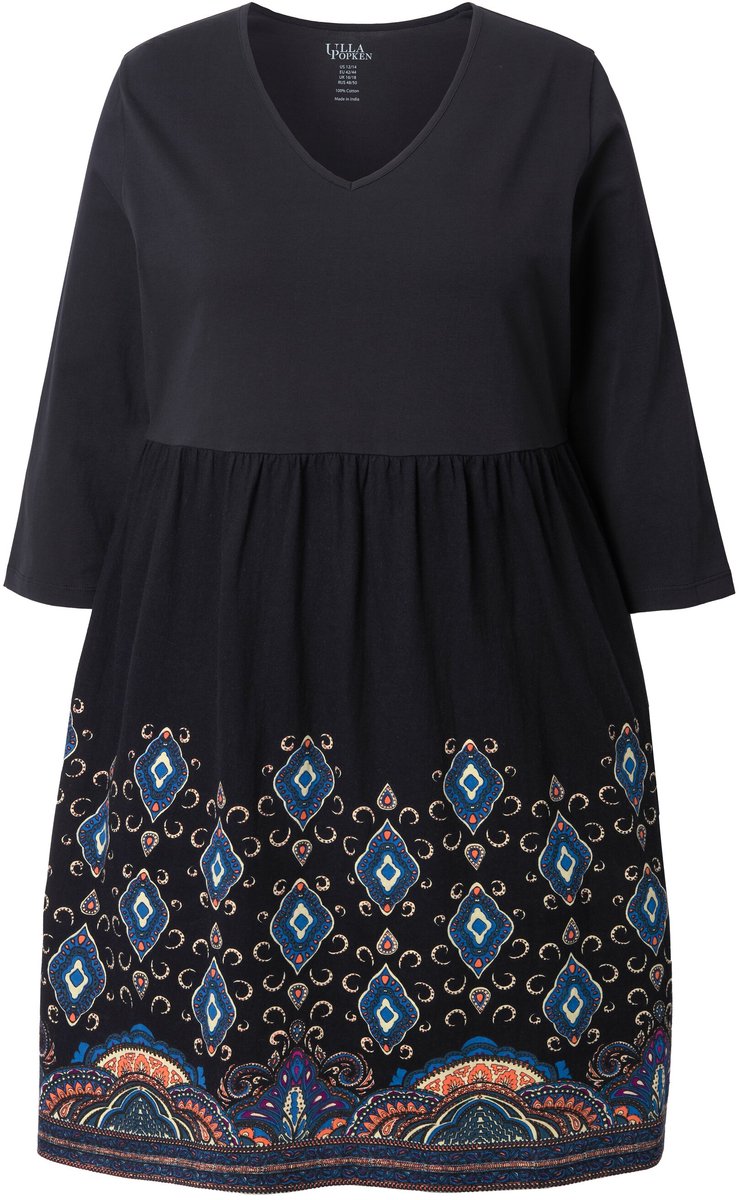 Ulla Popken Dames - Jersey jurk A-lijn V-hals 3/4-mouw zakken - Zwart - Maat 50+