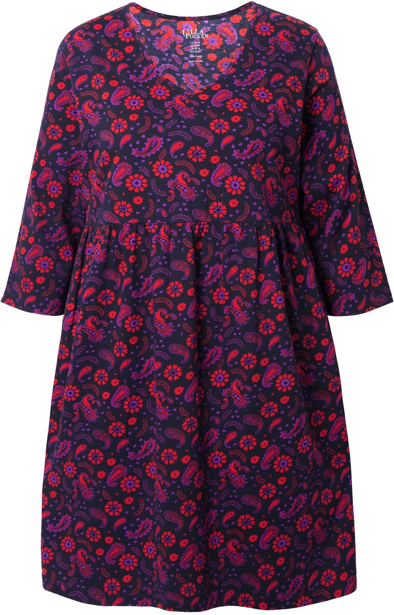 Ulla Popken Dames - Jersey jurk A-lijn V-hals 3/4-mouwen - Zwart - Maat 58+