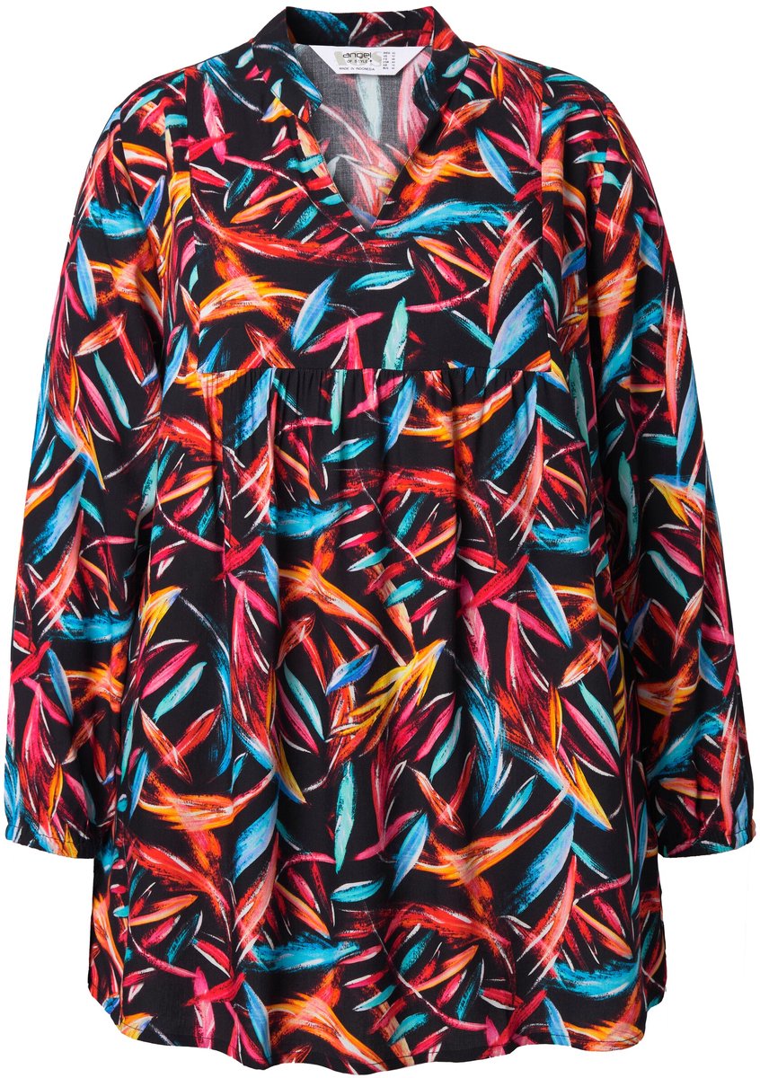 Angel of Style - Dames - Tuniek A-lijn bladermotief opstaande kraag met V-hals - Zwart - Maat 44