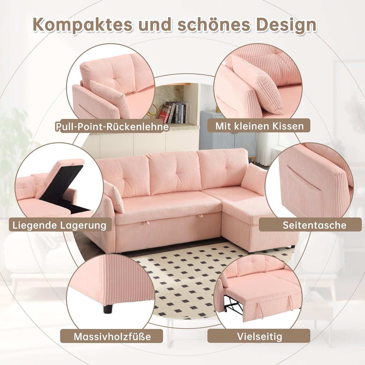 Slaapbank met Opbergruimte & Uittrekbaar Bed – Medahomestore Luxe L-Vormige Hoekbank in Roze met Verwisselbare Chaise Longue – Comfortabele Multifunctionele Bank met Verborgen Opbergvak, Ergonomisch Ontwerp & Premium Fleece Stof – Ideaal voor Woonka