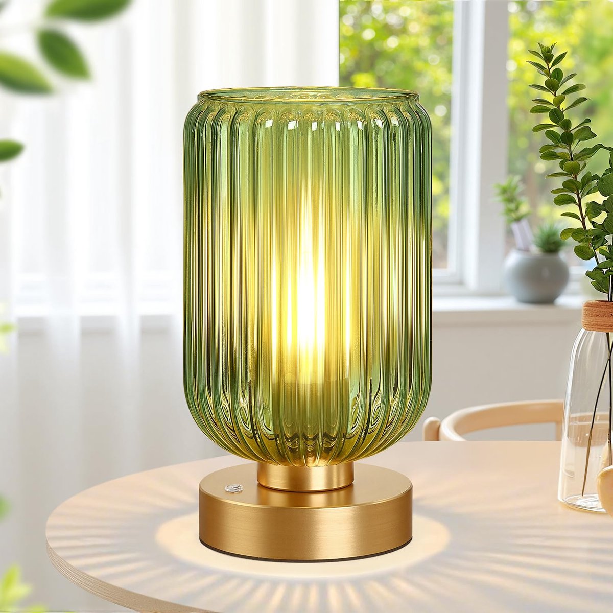 Rosnek Bureaulamp LED 7500 mAh - Dimbare Aanraaklamp met Groene Glazen Kap & Gouden Metaal, 40 Uur Accu Draadloze Tafellamp - Moderne Lamp voor Slaapkamer, Nachtkastje, Woonkamer en Bureau