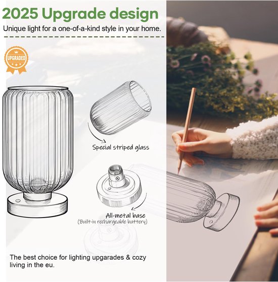Rosnek Bureaulamp LED 7500 mAh - Dimbare Aanraaklamp met Groene Glazen Kap & Gouden Metaal, 40 Uur Accu Draadloze Tafellamp - Moderne Lamp voor Slaapkamer, Nachtkastje, Woonkamer en Bureau van Rosnek — afbeelding 3