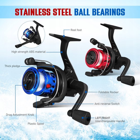 Set de pêche : 2 cannes à pêche pliables, 1 canne à lancer, 1 flotteur et appâts. | Kit de démarrage complet pour débutants et confirmés