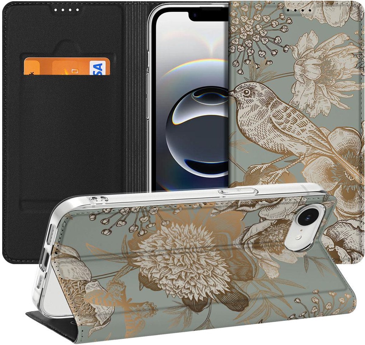 Smart Cover voor Apple iPhone 16e/17e Vintage Bird Flowers