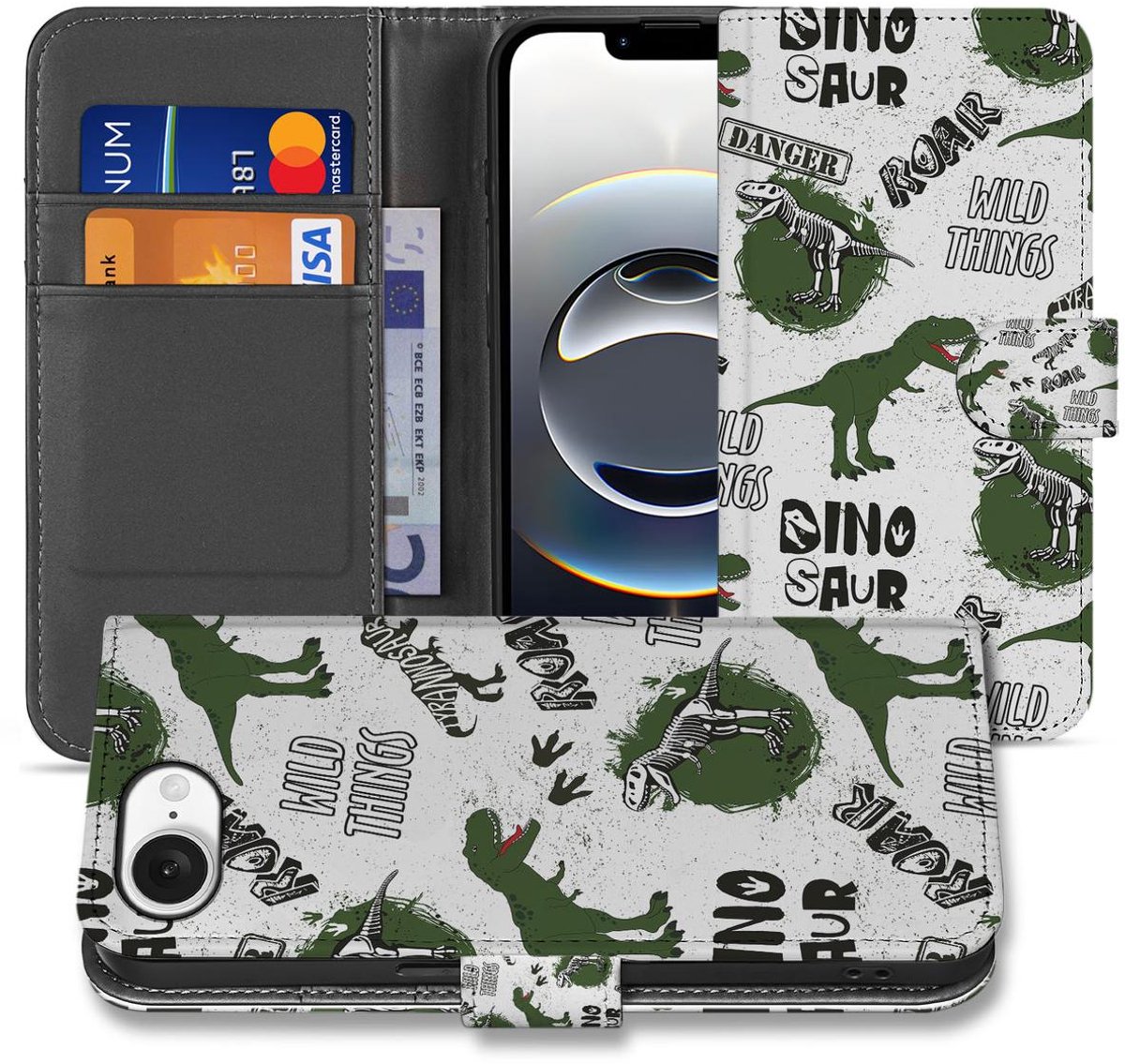 Book Case voor Telefoonhoesje met Pasjes voor iPhone 16e/17e Dinosaurus