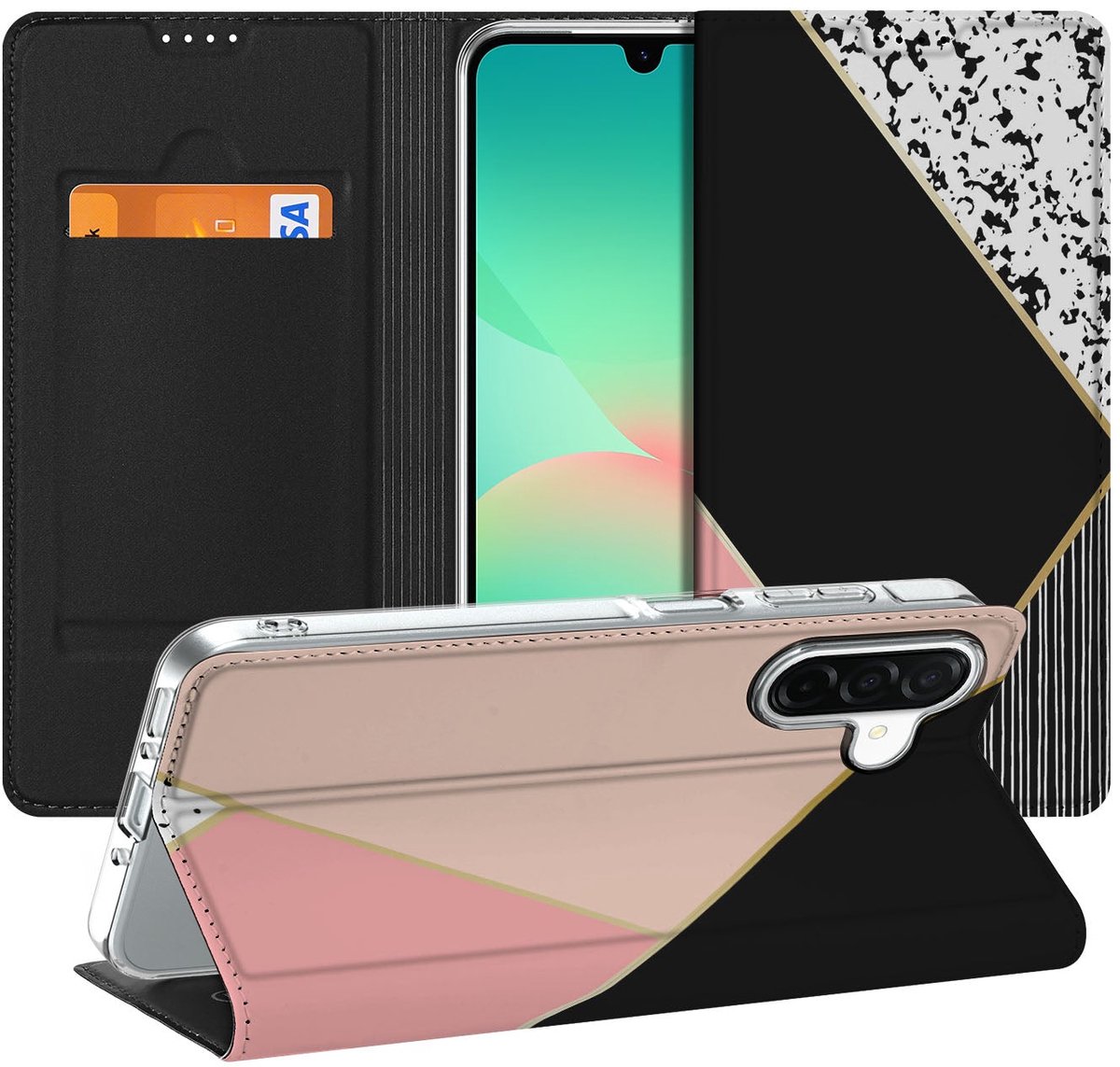 Samsung Galaxy A26 Stand Case Zwart Roze Vormen