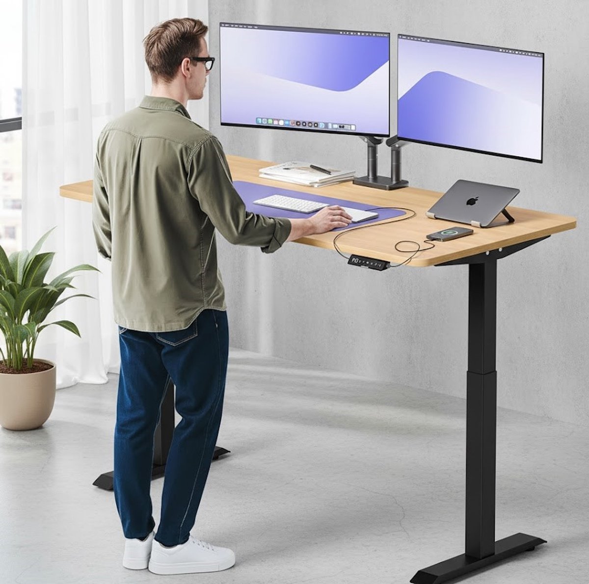 Elektrisch Zit Sta Bureau 160x80 cm – Medahomestore Medahomestore Pro – In Hoogte Verstelbaar Bureau met Snel Dubbelmotor Systeem – Stabiel Staand Bureau met Touchscreen Bediening – Zwart & Eiken – Ergonomisch Computerbureau voor Thuis en Kantoor