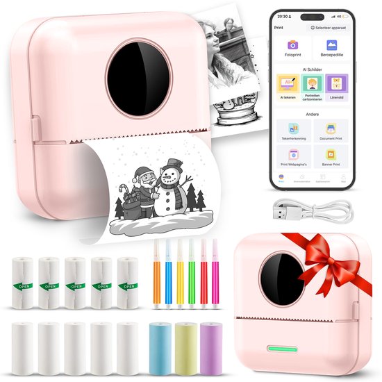 Ilona Mini printer voor mobiel - Pocket printer - Premium Mini Fotoprinter - Draagbare Smartphone Printer - Mobiele fotoprinter - Sticker printer - Roze - Incl. 5 Rollen Zelfklevend Papier + 5 Rol Wit Papier + 3 Rollen Gekleurd Papier + 5 Pennen