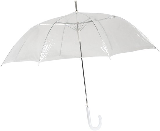 Een open transparante paraplu met metalen baleinen en witte gebogen handgreep.