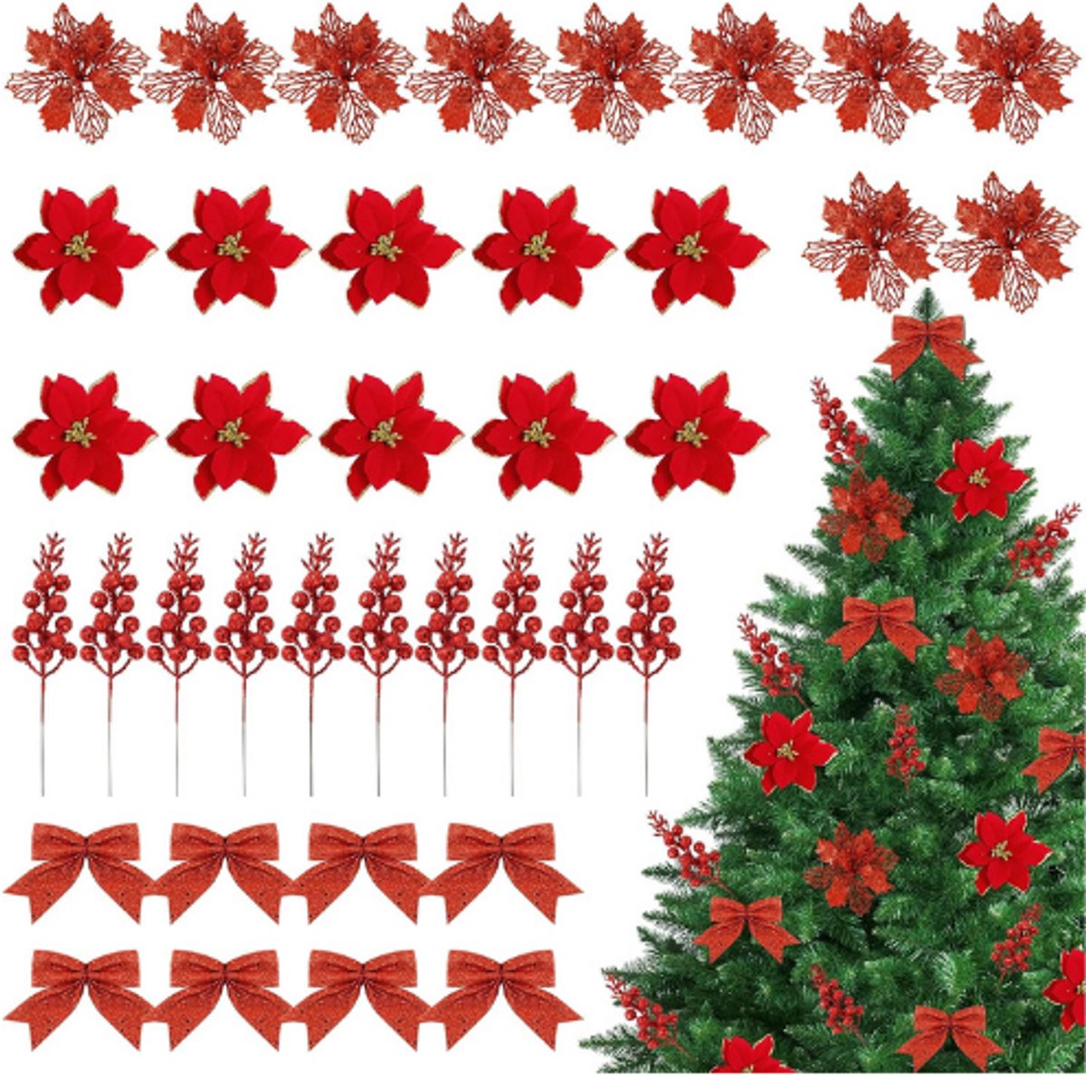 38 Delige Kerstdecoratie Set - Rode Glitter Poinsettia Bloemen - Bessen - Strikken Met Clips - Voor Kerstboom - Krans - Feestdecoratie - 2 Stijlen Kunstbloemen