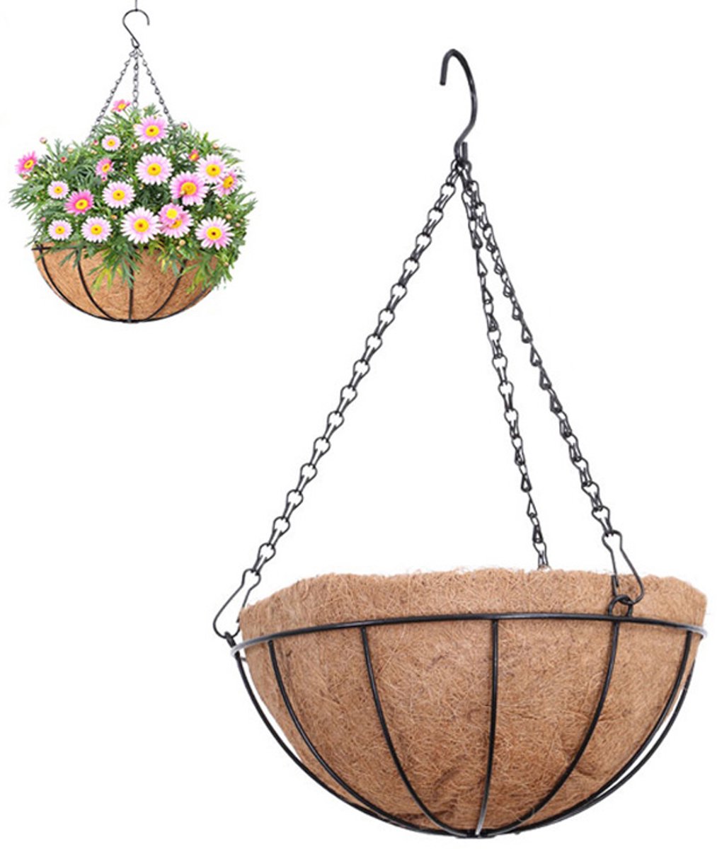 Hangende plantenbakmand - Ronde smeedijzeren mand - Plantenmand voor buiten - Decoratie voor balkon en tuin - Met ketting en voering van kokosvezel - Geschikt voor het ophangen van planten en bloemen binnen en buiten - Zwart, bruin