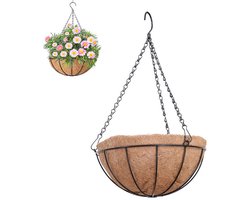 Hangende plantenbakmand - Ronde smeedijzeren mand - Plantenmand voor buiten - Decoratie voor balkon en tuin - Met ketting en voering van kokosvezel - Geschikt voor het ophangen van planten en bloemen binnen en buiten - Zwart, bruin