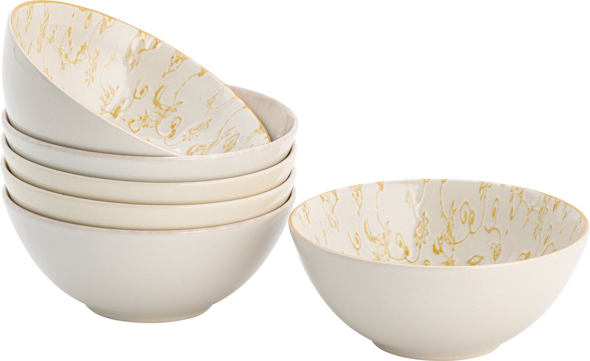 Lite-Body Kom Hermes - 500ml - set van 6 - Fine Porselein - Wit crème goud reliëf