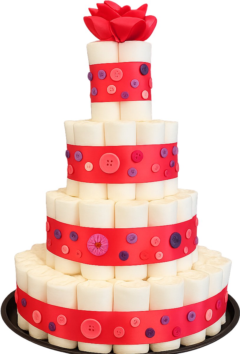 Luiertaart – Drie Lagen – Handgemaakt Kraamcadeau met Rood Lint & Knoopjes