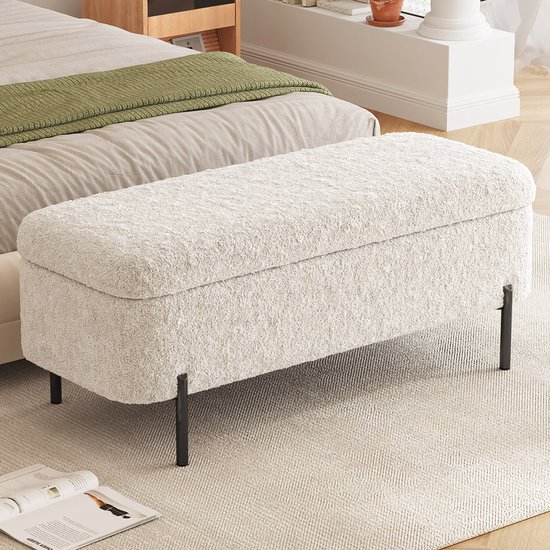 Banc de rangement Guyii Meubella Poufs , Banc de rangement moderne 120 cm - Banc en velours avec espace de rangement - Banc de chambre - Blanc crème - Pieds en métal