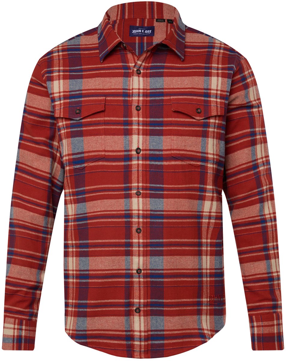 John F. Gee - Heren - Geruit flanellen overhemd lange mouwen kentkraag - Baksteenrood - Maat 8XL