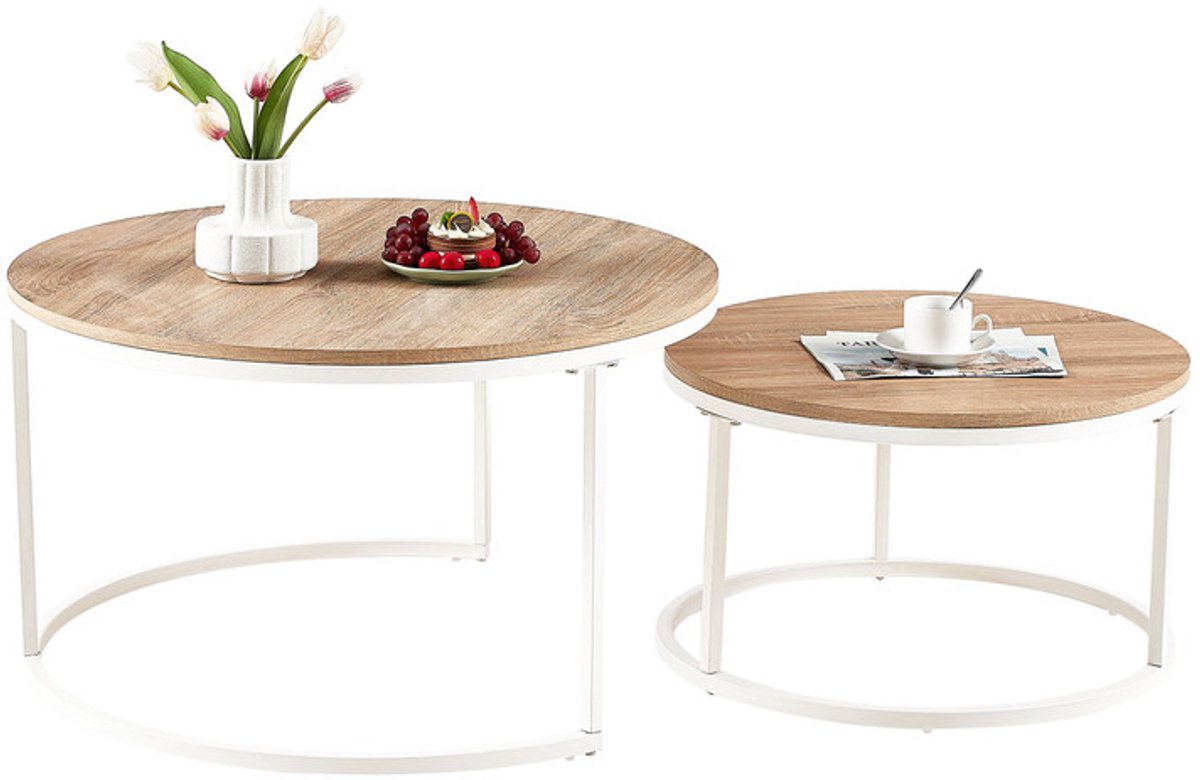 EGGREE Set van 2 in elkaar passende salontafels - Bijzettafels - 80x45cm/60x35cm - Eikenkleur