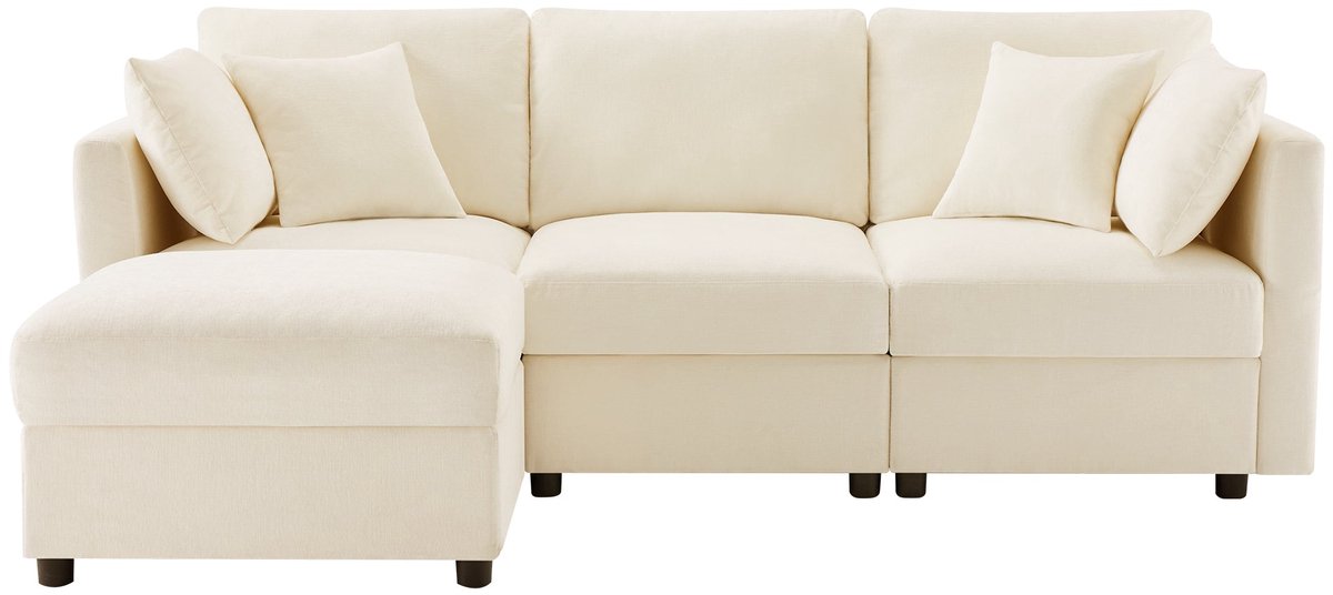 Merax L-vormige Hoekbank met Voetenbank - 3-zits Slaapbank - 4 Kussens - Verstelbare Armleuningen - Comfortabele Chenille Stof - Geschikt voor Woonkamer - Beige