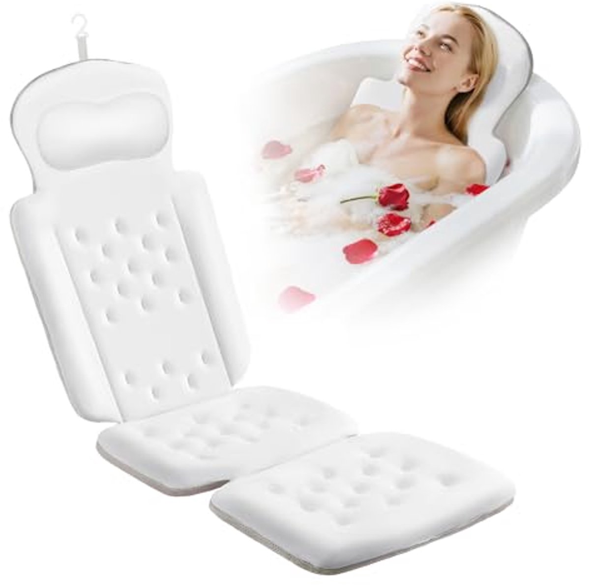 Luxe Full Body Badkussen met 192 Zuignappen voor Hoofd- en Neksteun - Wit (129,5 x 40,6 cm)