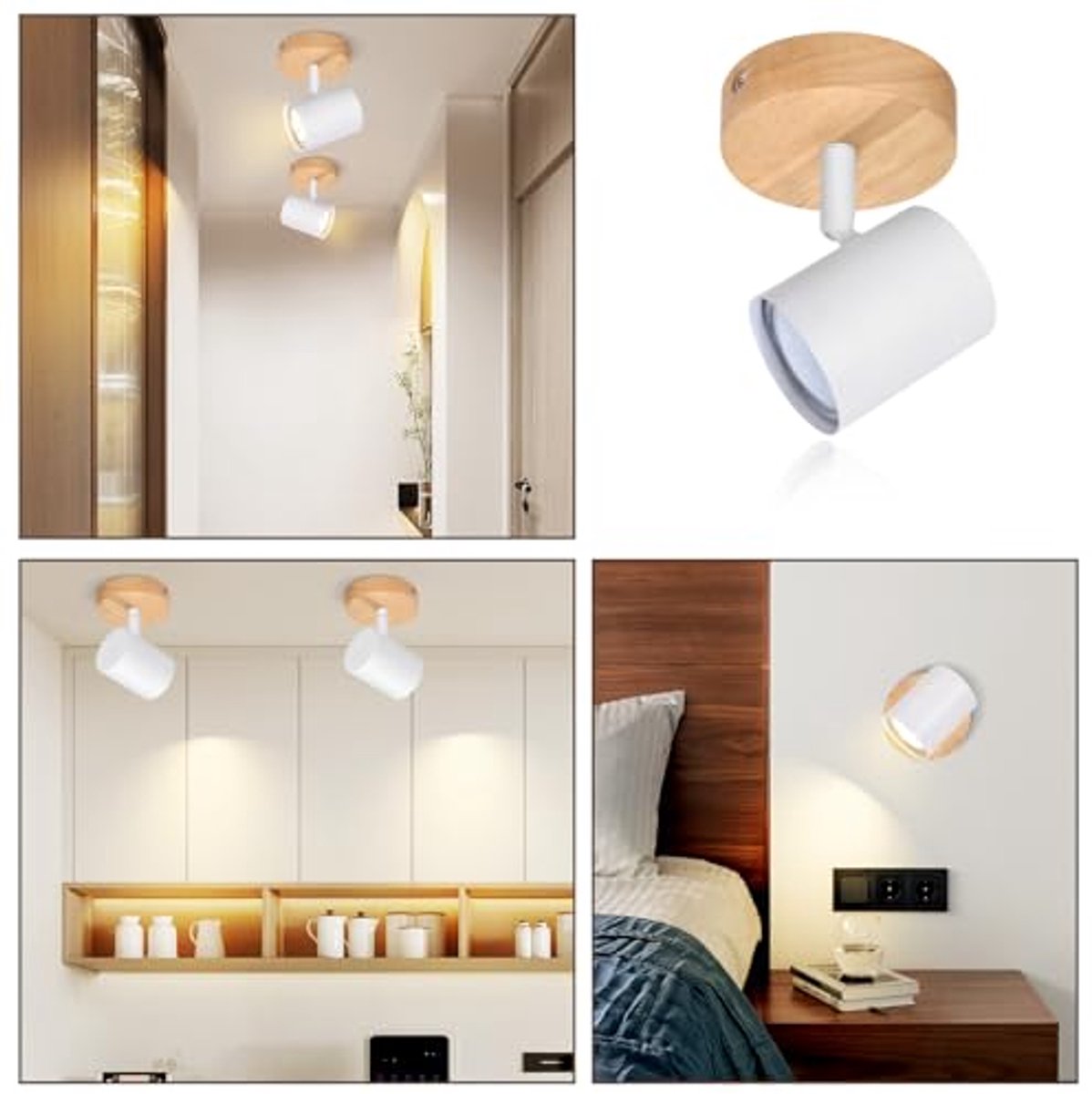 1-vlam LED plafondspot - Vintage houten lamp voor woonkamer, slaapkamer, gang en keuken - Draaibare GU10 spot met max. 40W