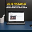 Laptop met een online videocursus over de Killerbee X1 SE Sky Predator drone. Tekst: 'Gratis videocursus', 'Binnen 10 minuten aan de slag', 'Zonder ingewikkelde handleidingen'.
