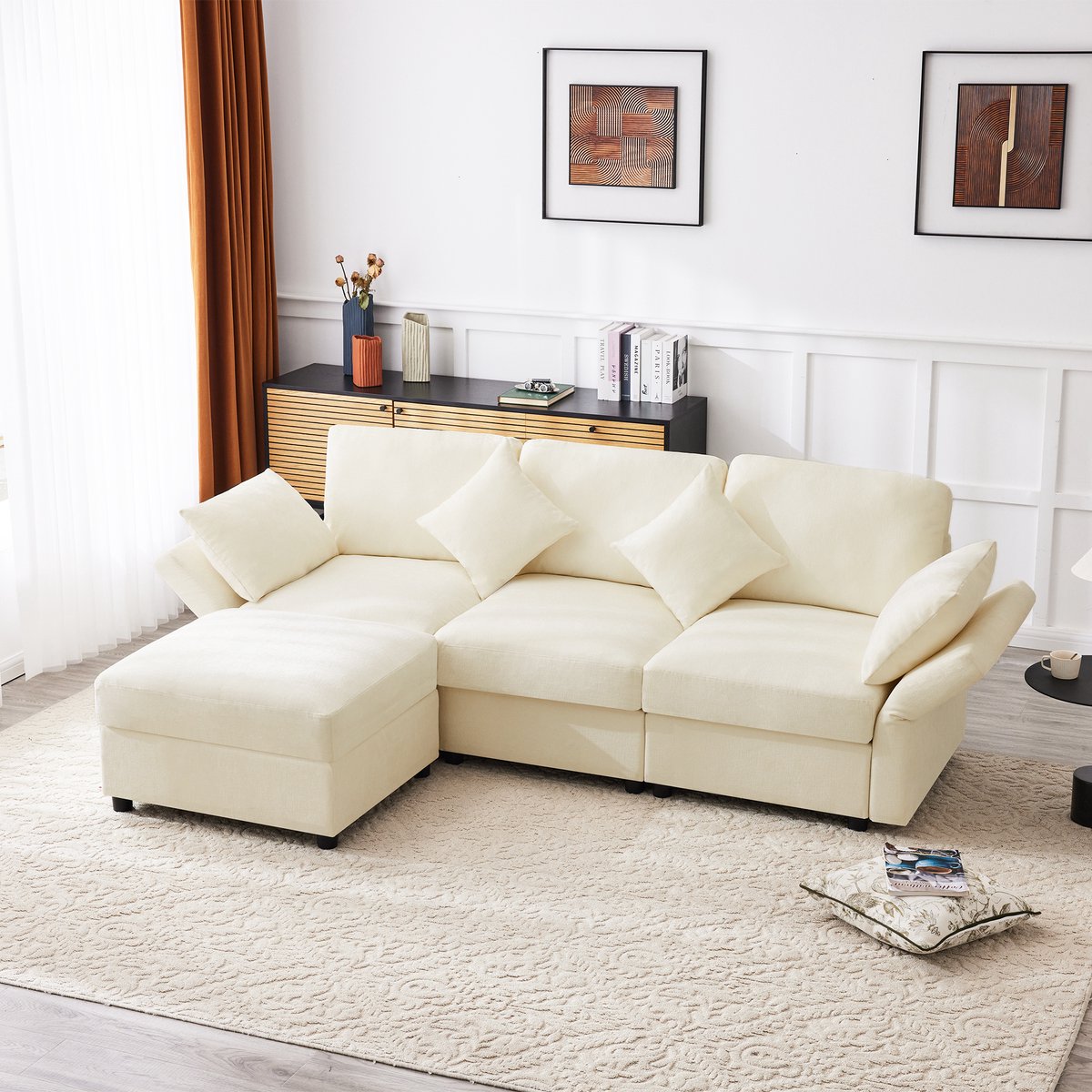 HAUSS SPOLE Hoekbanken - L-Vorm Hoekbank Voor 3-4 Personen - Inclusief Voethocker En 4 Kussens - Chenille - 218x156,5x86 cm - Beige