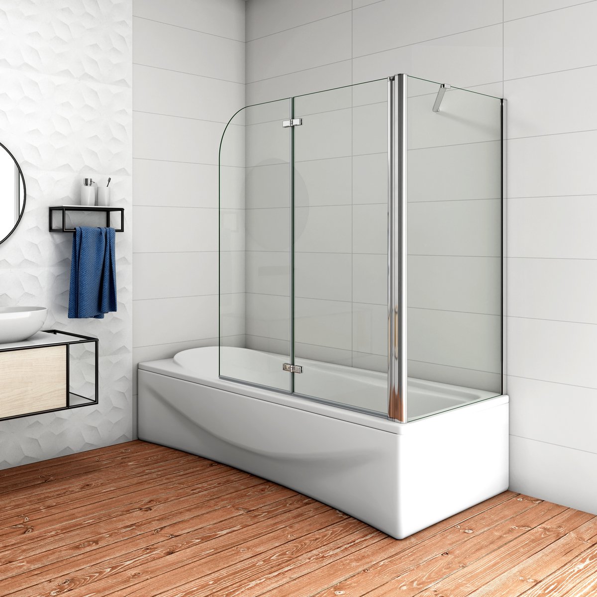 Aica Luxe Badwand 110x80x140cm-2-Delig Inklapbaar 6mm Transparant Easy Clean Gehard Glas-Chroom Frame-Eenvoudige Montage