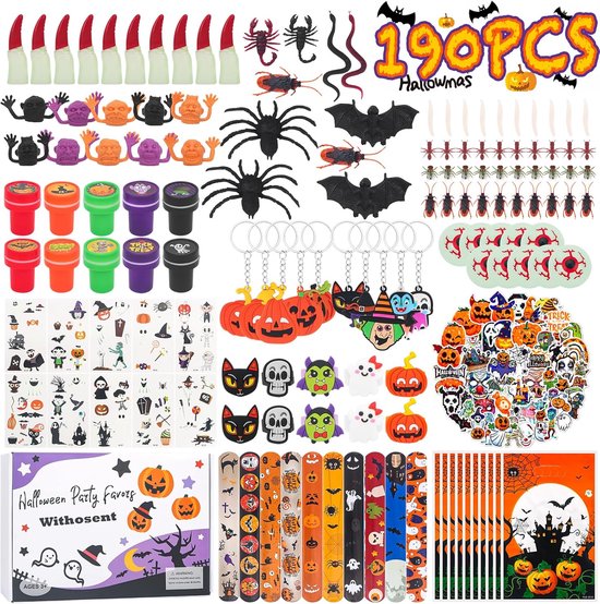 190 stuks Halloween partij gunsten voor kinderen verjaardagsfeestjes, Halloween decoratie partij speelgoed accessoires met geschenkverpakking, Halloween pinata vullen spin vleermuis ogen vinger