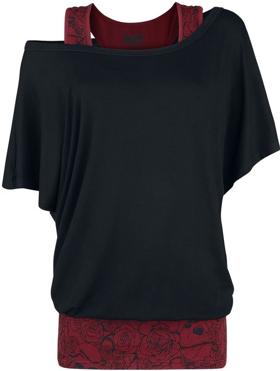 Black Premium by EMP Zwart en rood T-shirt in dubbellaagse look - Dames - 5XL