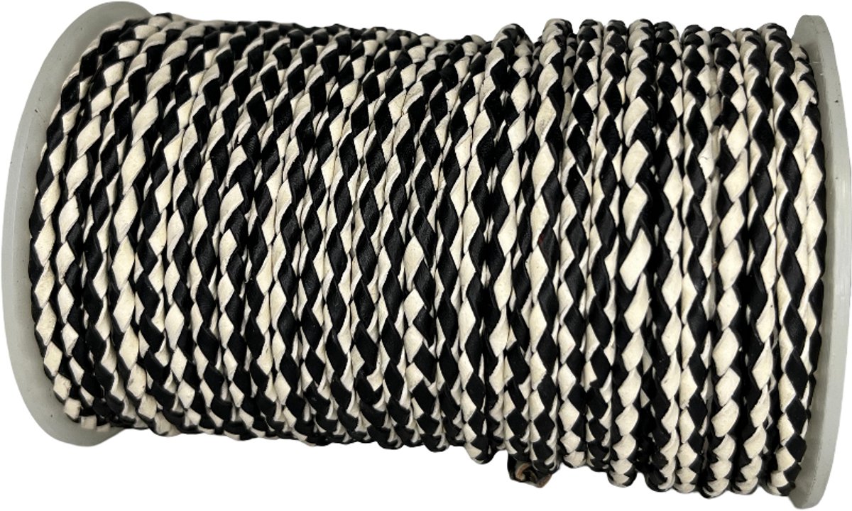 Gevlochten Leren Koord Rond, 10 m x 3 mm - Rond Gevlochten Lederen Koord, Voor Halskettingen, Armbanden, Sieraden, Knutselkralen en Veters (Zwart & Wit)
