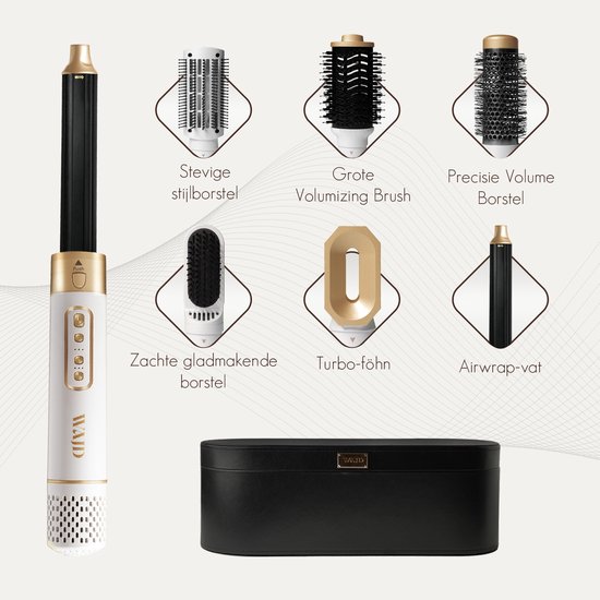 WAJD Airstyler 6-en-1 – Sèche-cheveux et multi-styler avec bigoudis automatiques, diffuseur et sac de rangement – ​​Geen dommages thermiques
