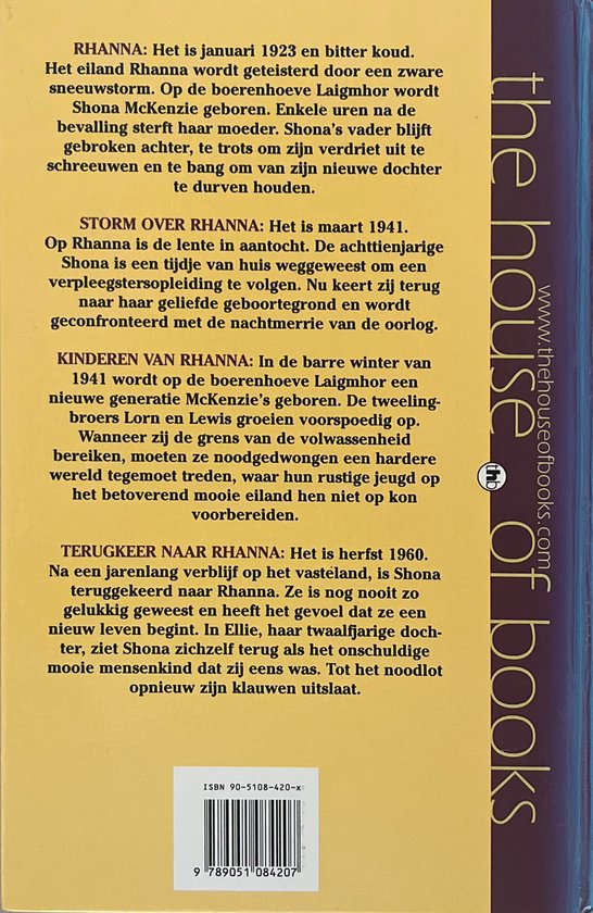 Achterkant van een boek met de titel 'Rhanna Omnibus'. Bevat tekst over het verhaal en een ISBN-nummer.
