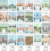 Inspra Studio – Luxe Kerstkaarten met Enveloppen – 24 Stuks – Nederlandse Steden Wenskaarten Set #3 – Artistieke Illustraties van Nederlandse Steden