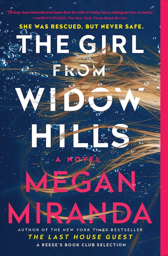 Boekomslag van "The Girl from Widow Hills" met de titel in witte letters, "A Novel Megan Miranda" in roze letters, en citaten.