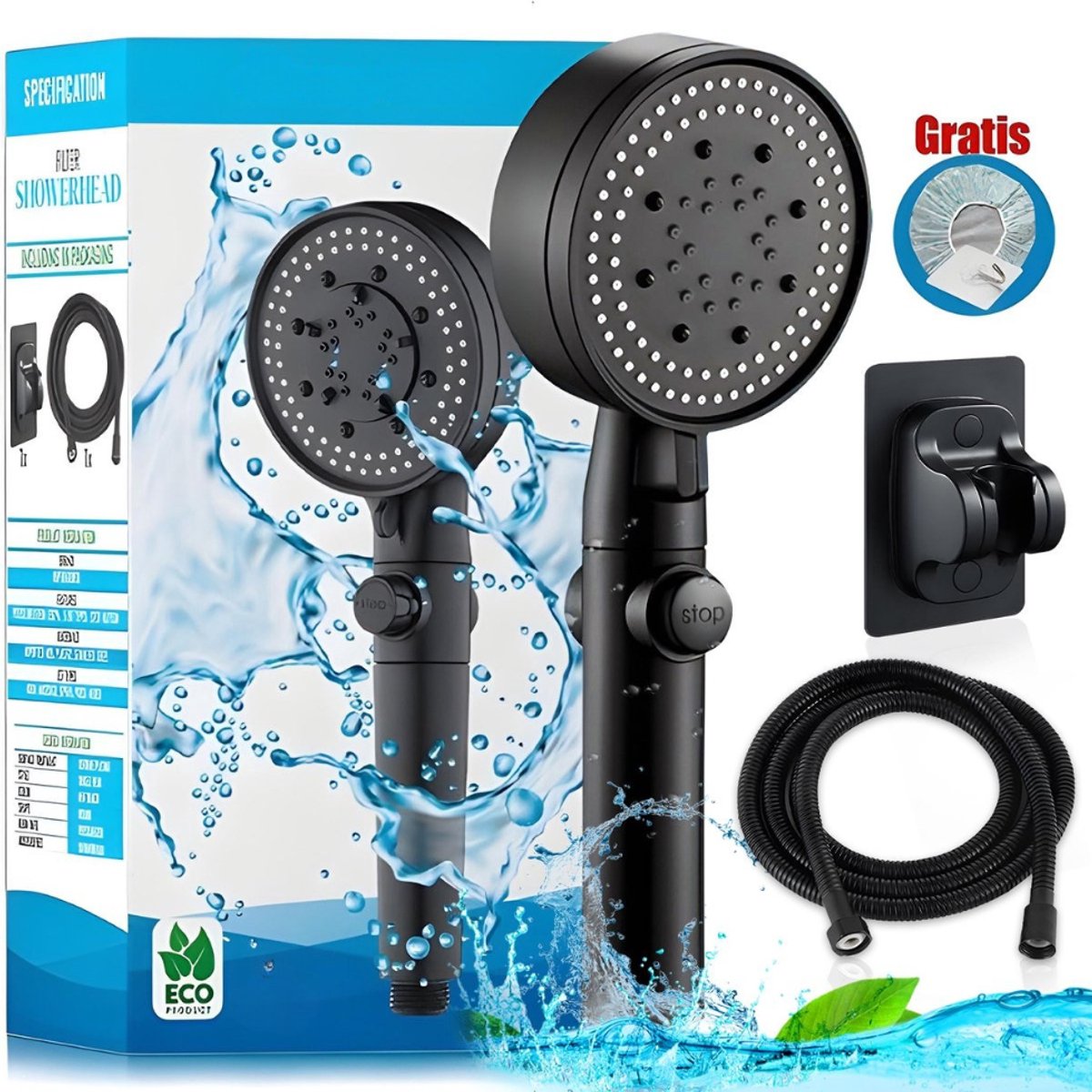 DoucheSet - Douchekop met Slang, Houder & Badmuts/Douchemuts - Waterbesparend – Hoge druk – Regendouche - Zwart Mat