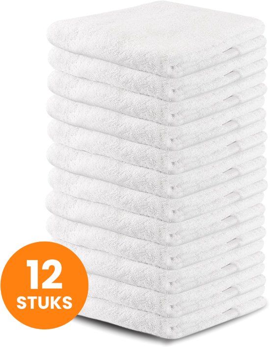 Funnies Handdoeken 12-Pack Wit - Set van 12 Luxe Handdoeken - 50 x 100 cm - Hoogwaardig 100% Katoen - 500 gram/m² Dikke, Zachte en Sneldrogende Handdoek - Ideaal voor Badkamer, Sport, Sauna, Zwembad en Vakantie