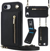 Geschikt Voor iPhone 17e / 16e Hoesje Met Koord - Solidenz Portemonnee - Telefoonhoesje Met Koord - Wallet Case - Cover Hoes Met Koordje - Backcover Met Koord - Zwart