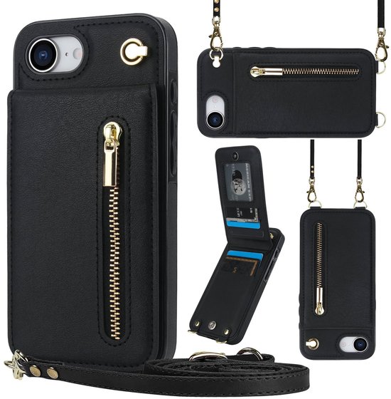 Geschikt Voor iPhone 17e / 16e Hoesje Met Koord - Solidenz Portemonnee - Telefoonhoesje Met Koord - Wallet Case - Cover Hoes Met Koordje - Backcover Met Koord - Zwart