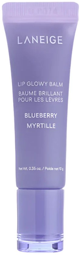LANEIGE Lip Glowy Balm Blueberry lippenbalsem in een paarse tube. Tekst: Blueberry Myrtille.