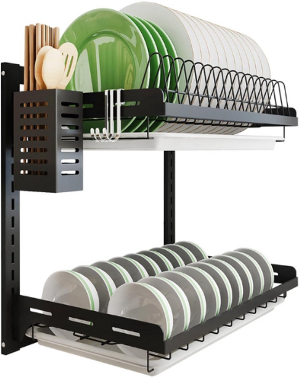 Thuys – Keukenrek Met Afvoer – Hangende Bestek – En Kom Organizer – 2 Lagen Wandmontage Met Drainer – RVS Zwart Gecoat